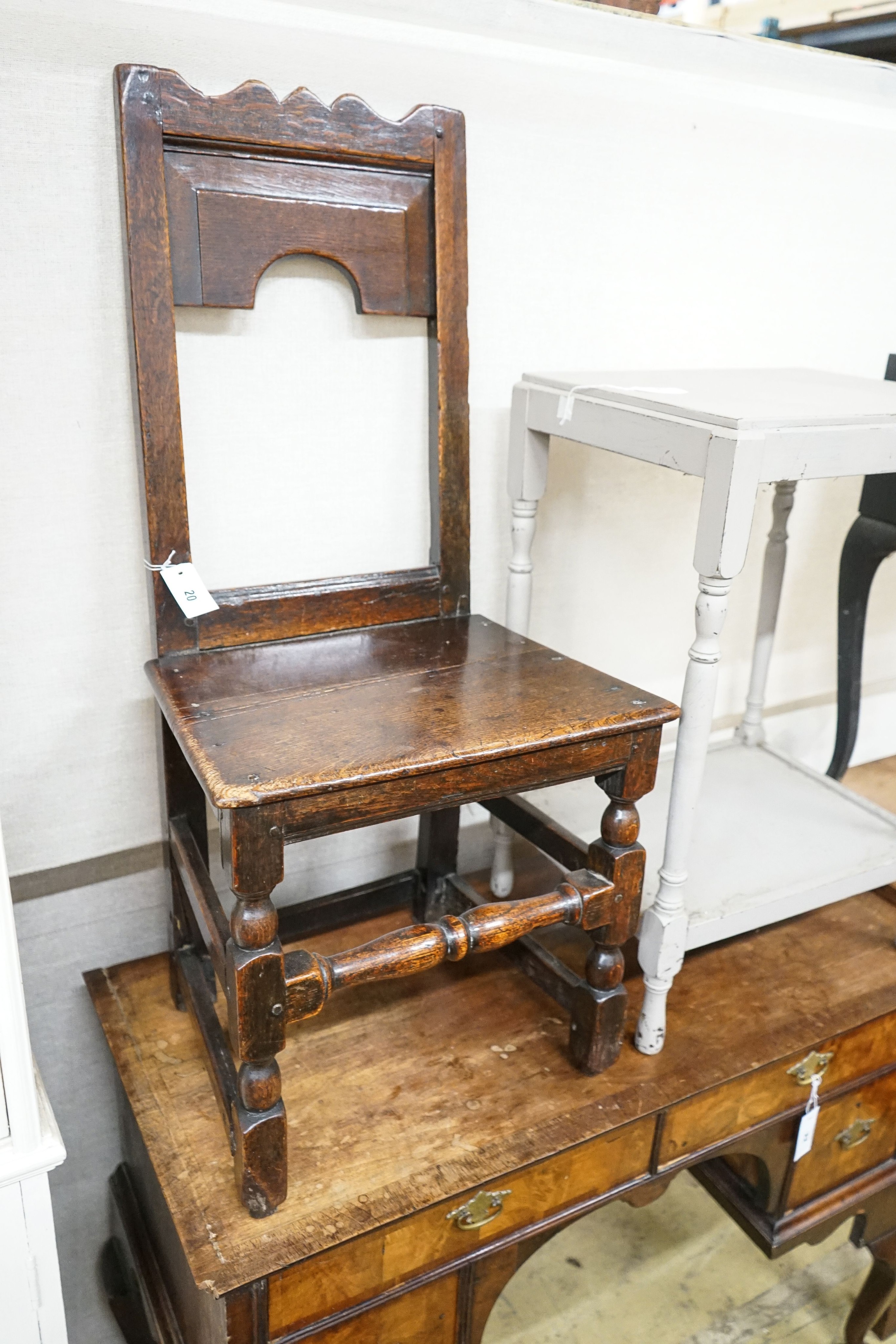 A late 17th century oak back stool, length 46cm, depth 35cm, height 96cm